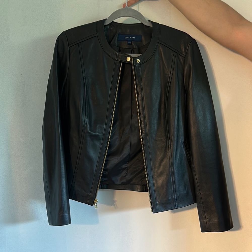 Cole Haan Black Leather Jacket Modern Moto Style
